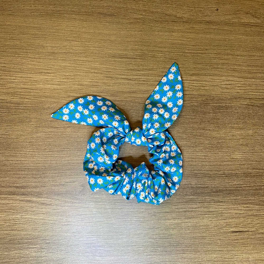 Bohemian Daisy Bunny Ear Scrunchie, Blue/White.